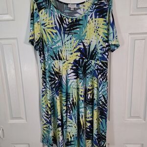 Tropical Palm Print Shift Dress in Teal & Navy